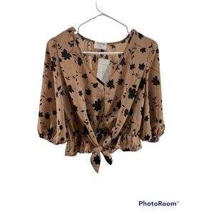 NWT Sienna Sky Brown Black Floral Tie Waist V-Neck Blouse Women's Size Medium